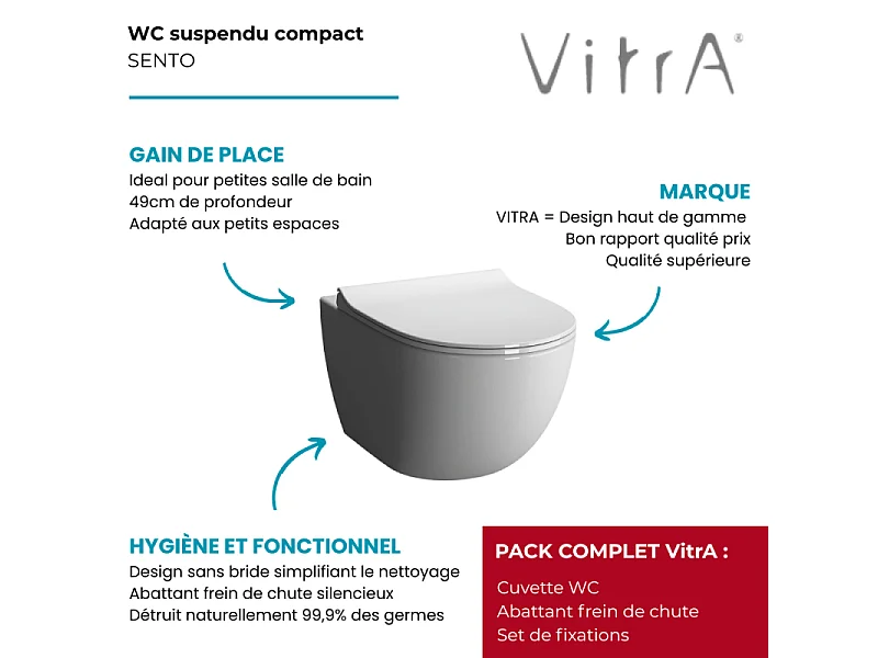 Cuvette WC suspendu compact sans bride VitrA Sento avec abattant frein de chute déclipsable