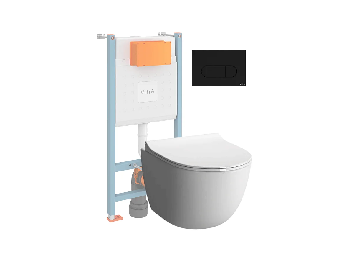 Pack WC suspendu VITRA Sento Blanc Compact + Bâti auto-portant V-Fix Core + Plaque Round Noir mat