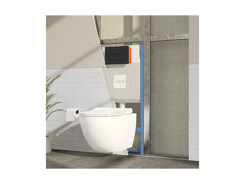 Pack WC suspendu VITRA Sento Blanc Compact + Bâti auto-portant V-Fix Core + Plaque Round Noir mat