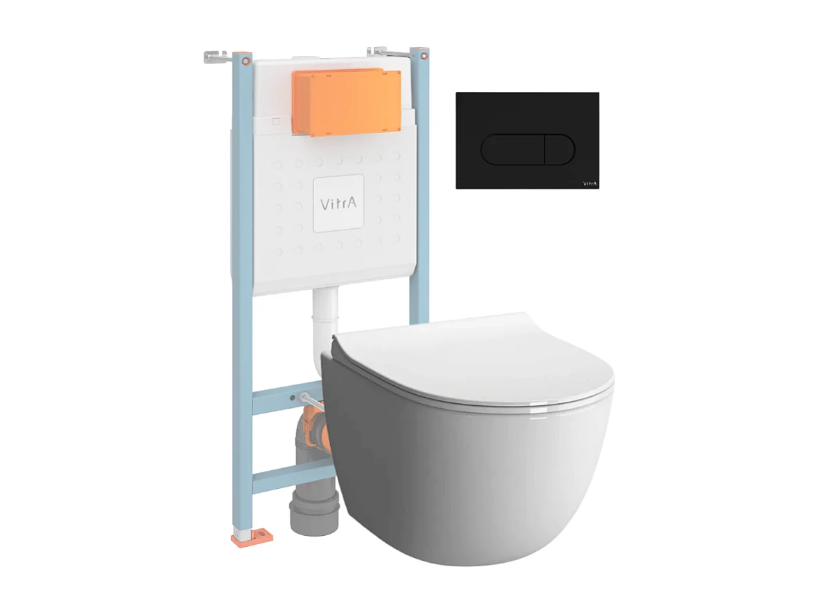 Pack WC suspendu VITRA Sento Blanc Compact + Bâti auto-portant V-Fix Core + Plaque Round Noir mat