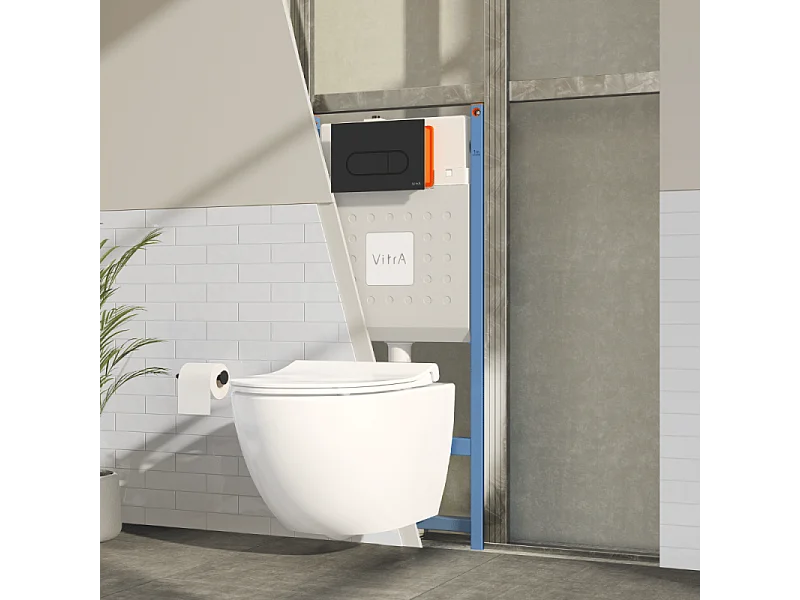 Pack WC suspendu VITRA Sento Blanc Compact + Bâti auto-portant V-Fix Core + Plaque Round Noir mat