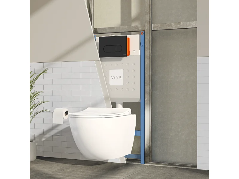 Pack WC suspendu VitrA Sento Blanc Compact + Bâti auto-portant V-Fix Core + Plaque Round Noir mat