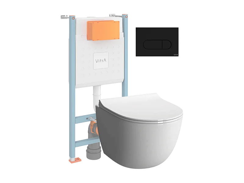 Pack WC suspendu VITRA Sento Blanc Compact + Bâti auto-portant V-Fix Core + Plaque Round Noir mat