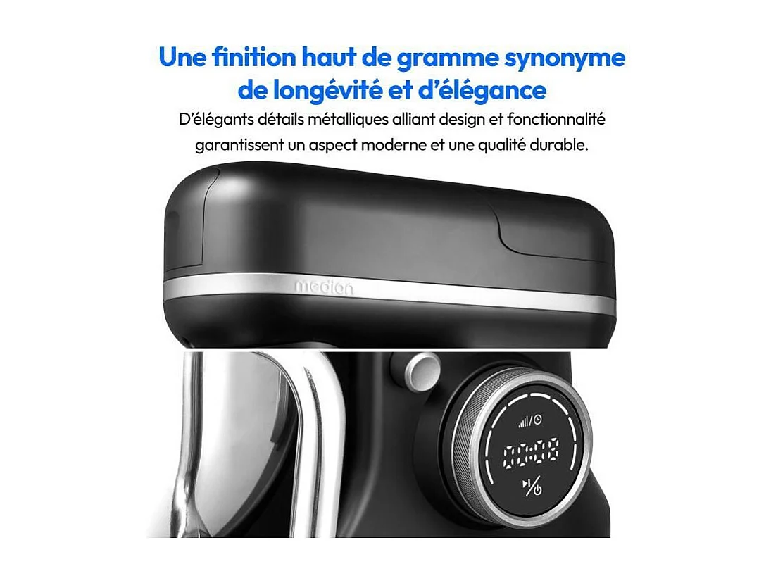 Robot pâtissier 3-en-1- MEDION - MD18430 - 1200 W - 5 L - 8 vitesses - Fonction hachoir - Noir