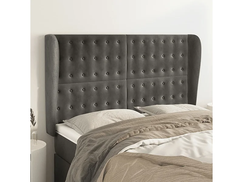 Cabecero | Cabezal de Cama | Mueble cabecero con orejas de terciopelo gris oscuro 147x23x118/128 cm