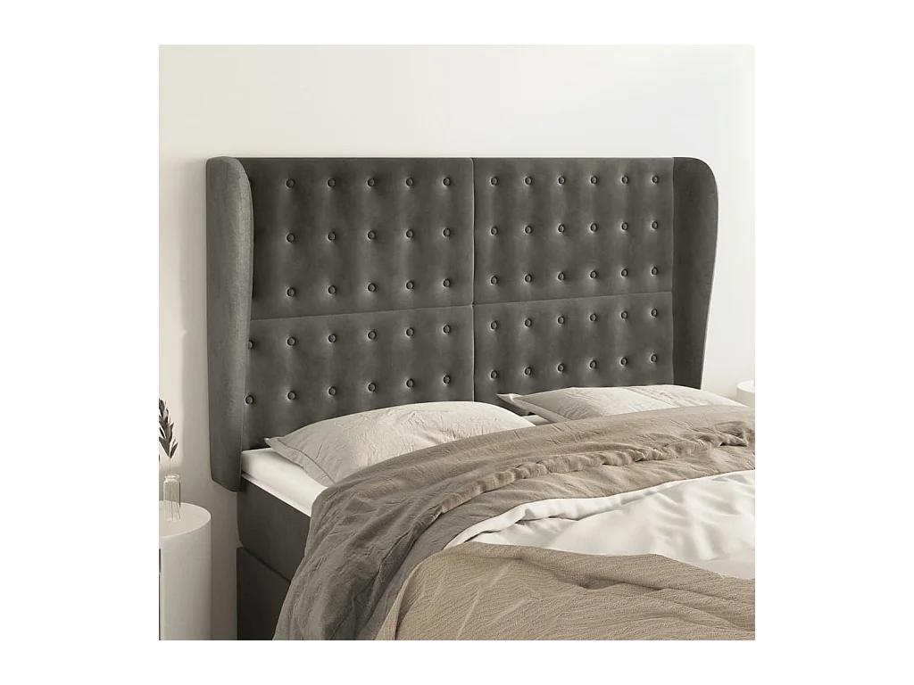 Cabecero | Cabezal de Cama | Mueble cabecero con orejas de terciopelo gris oscuro 147x23x118/128 cm