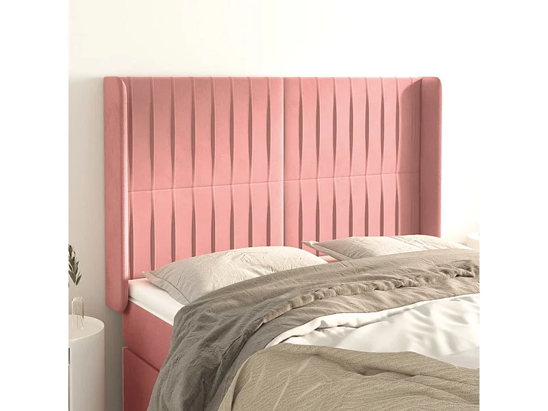 Cabecero | Cabezal de Cama | Mueble cabecero con orejas de terciopelo rosa 147x16x118/128 cm