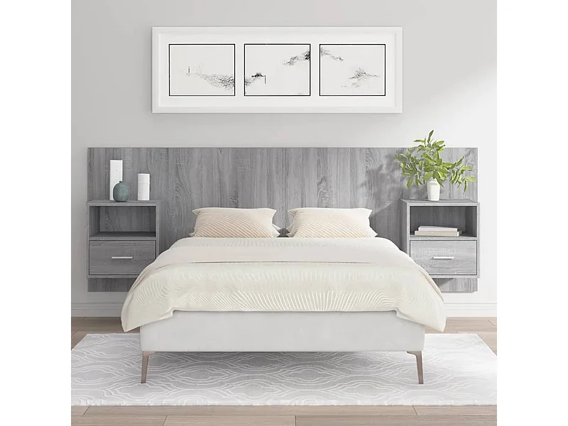 Cabecero de Cama | Cabezal de cama | Mueble de cabecero con mesitas madera contrachapada gris Sonoma