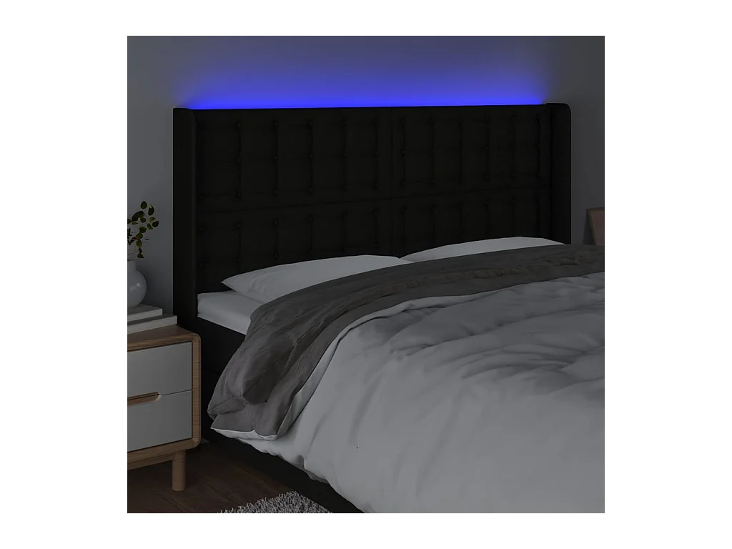 Mueble cabecero | Cabezal de cama | Cabecero con LED de tela negro 163x16x118/128 cm