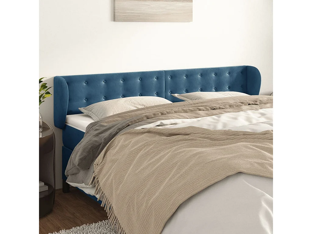 Tête de Lit | Panneau de tête pour lit Moderne avec oreilles Bleu foncé 163x23x78/88 cm Velours