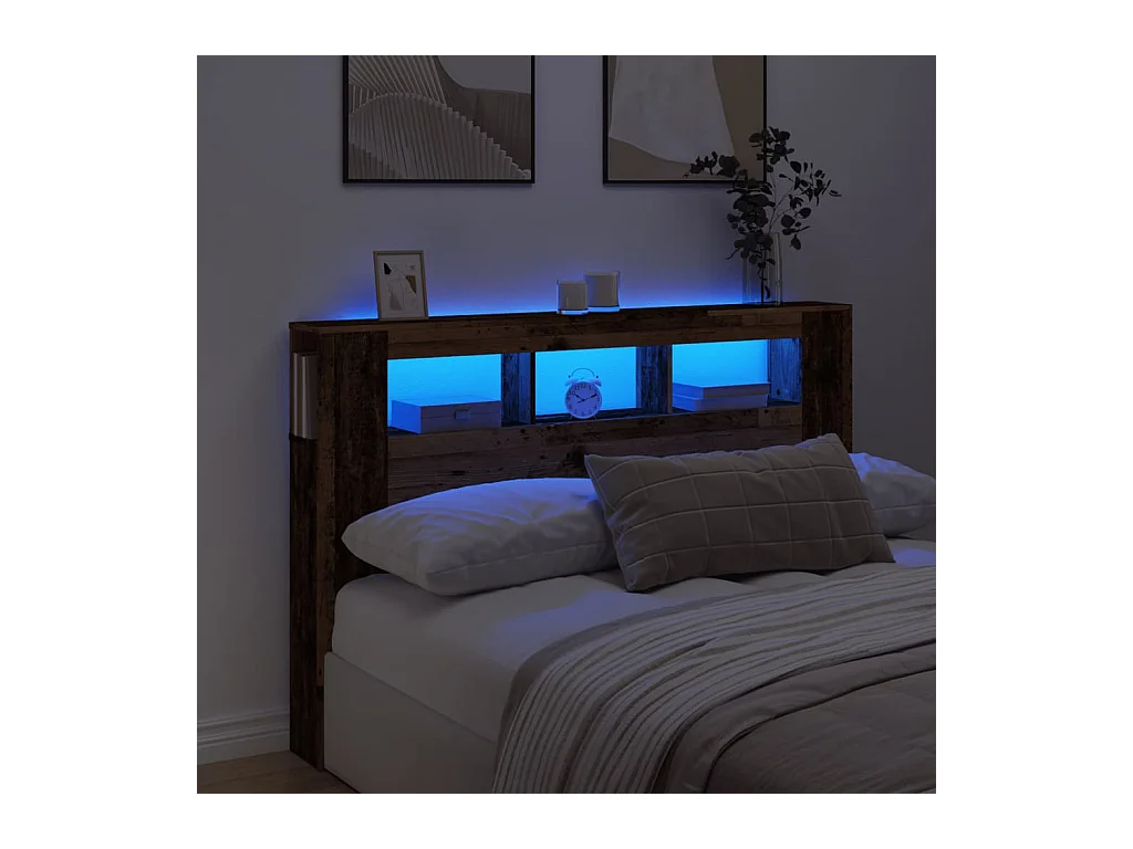 Cabecero | Cabezal de Cama | Mueble cabecero con LED madera ingeniería envejecida 160x18,5x103,5 cm
