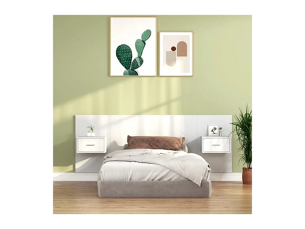 Cabecero de Cama | Cabezal de cama | Mueble de cabecero con mesitas madera contrachapada blanco