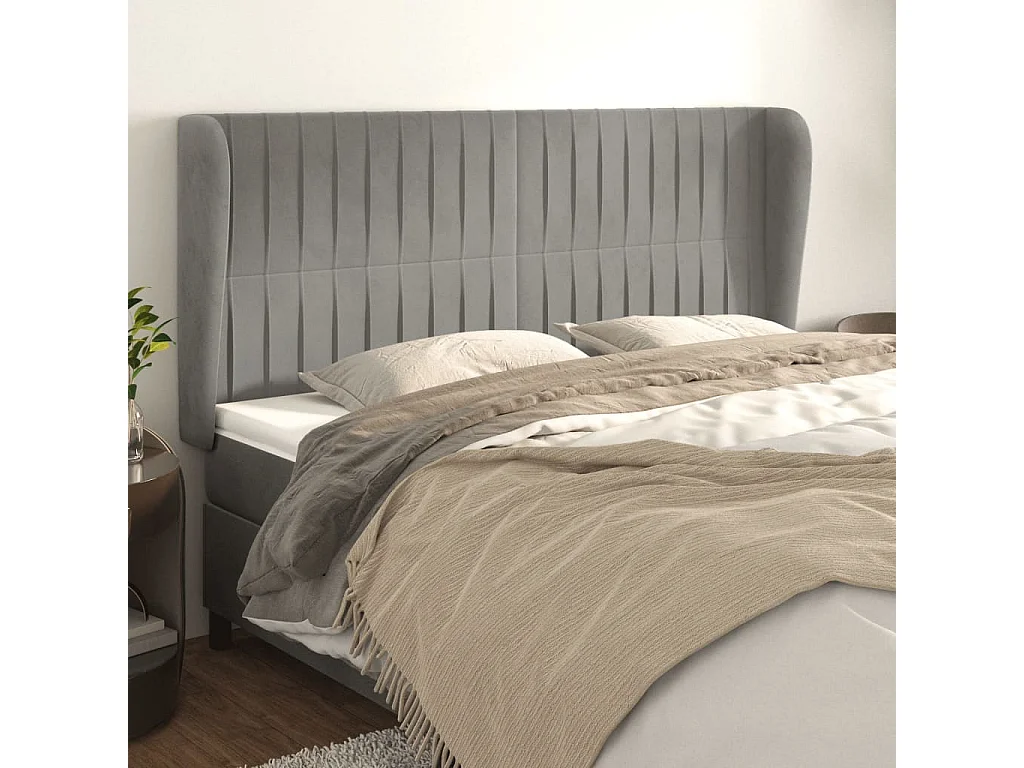 Tête de Lit | Panneau de tête pour lit Moderne avec oreilles Gris clair 163x23x118/128 cm Velours