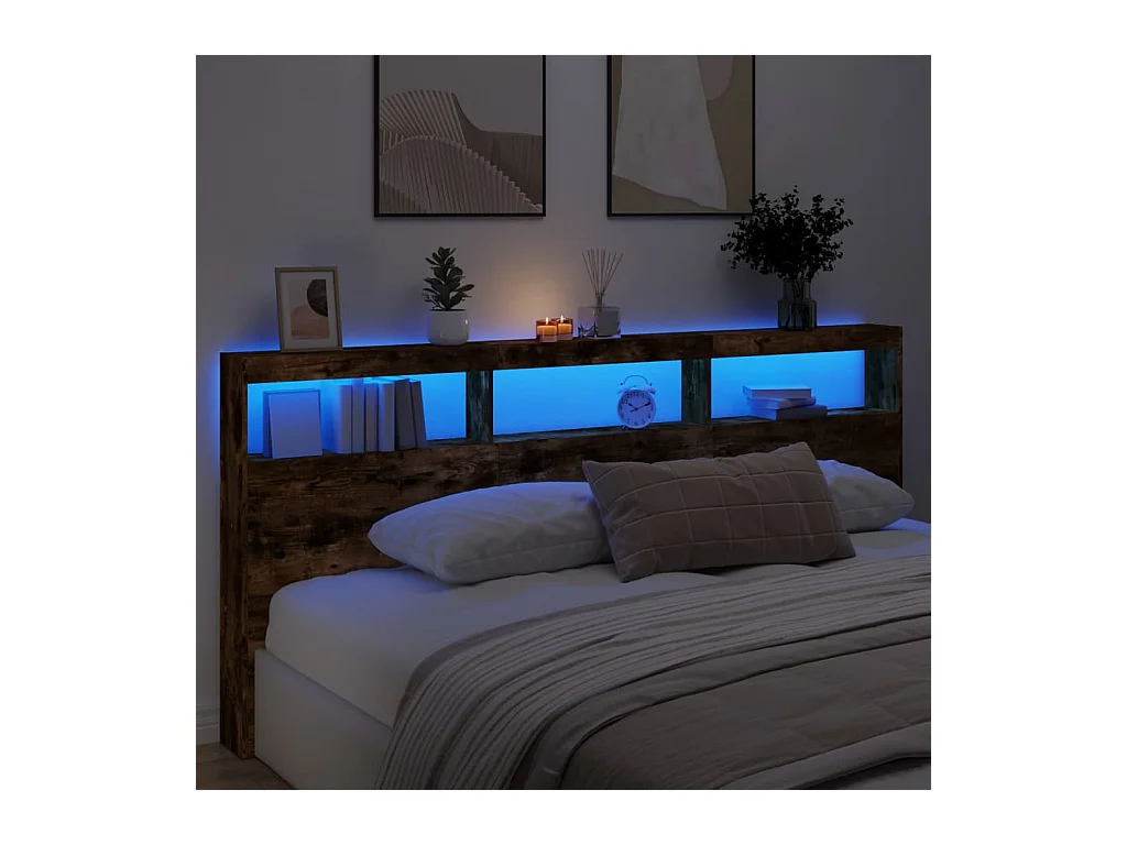 Cabecero de Cama | Cabezal de cama | Mueble de cabecero con luz LED roble ahumado 220x17x102 cm