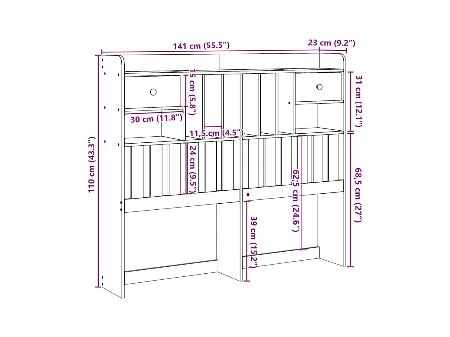 Cabecero de Cama | Cabezal de cama | Mueble de cabecero almacenaje madera maciza pino blanco 135 cm