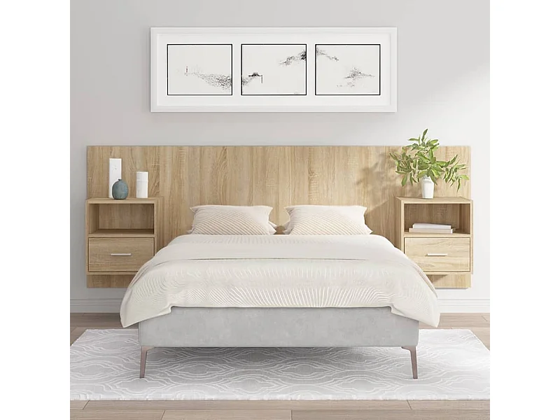 Cabecero de Cama | Cabezal de cama | Mueble de cabecero con mesitas madera contrachapada roble Sonoma