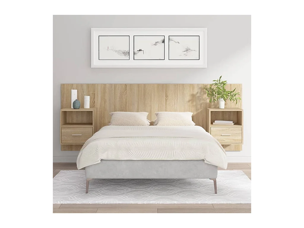 Cabecero de Cama | Cabezal de cama | Mueble de cabecero con mesitas madera contrachapada roble Sonoma