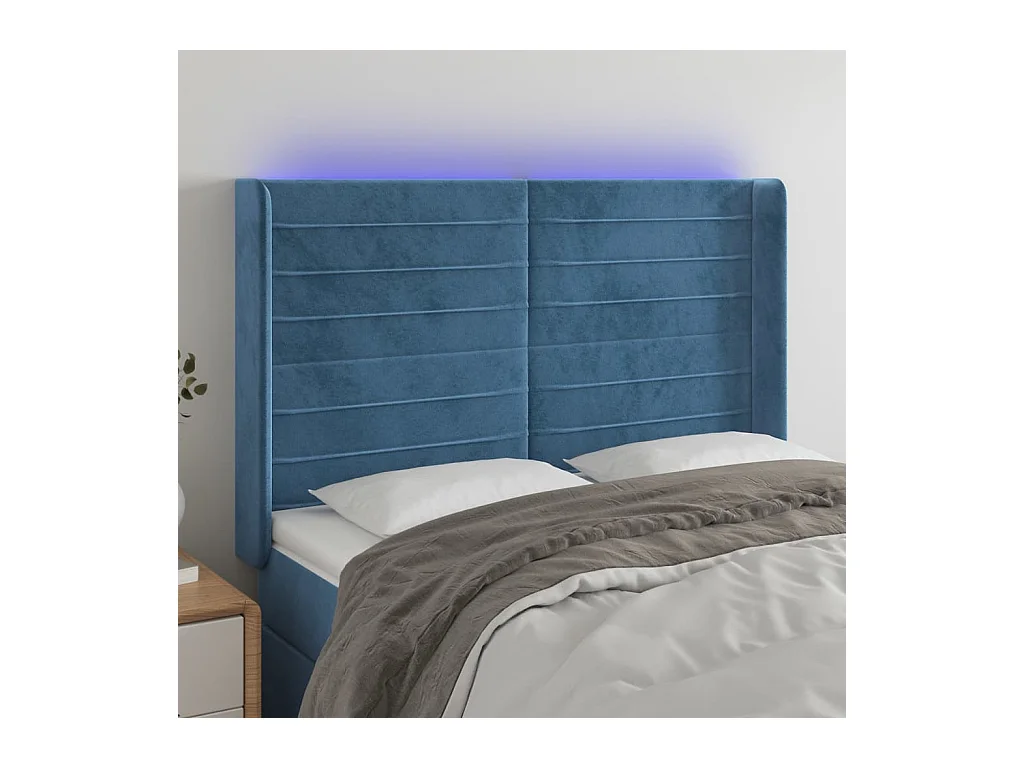 Cabecero | Cabezal de Cama | Mueble cabecero con LED de terciopelo azul oscuro 147x16x118/128 cm