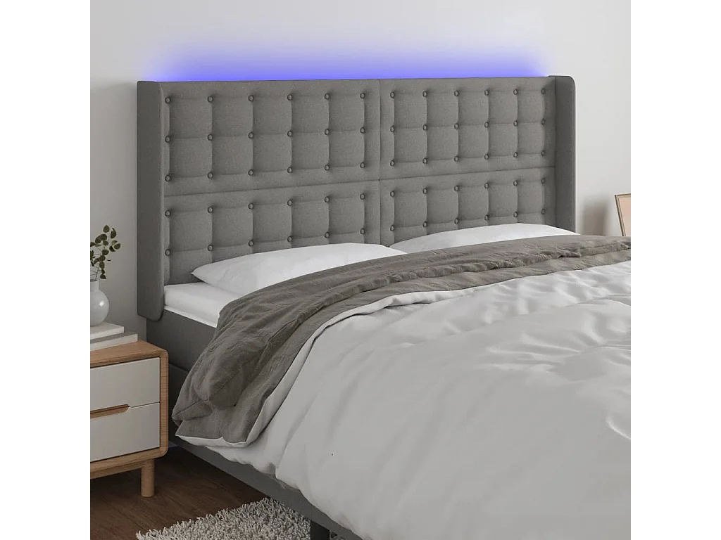 Tête de Lit | Panneau de tête pour lit Moderne à LED Gris foncé 163x16x118/128 cm Tissu