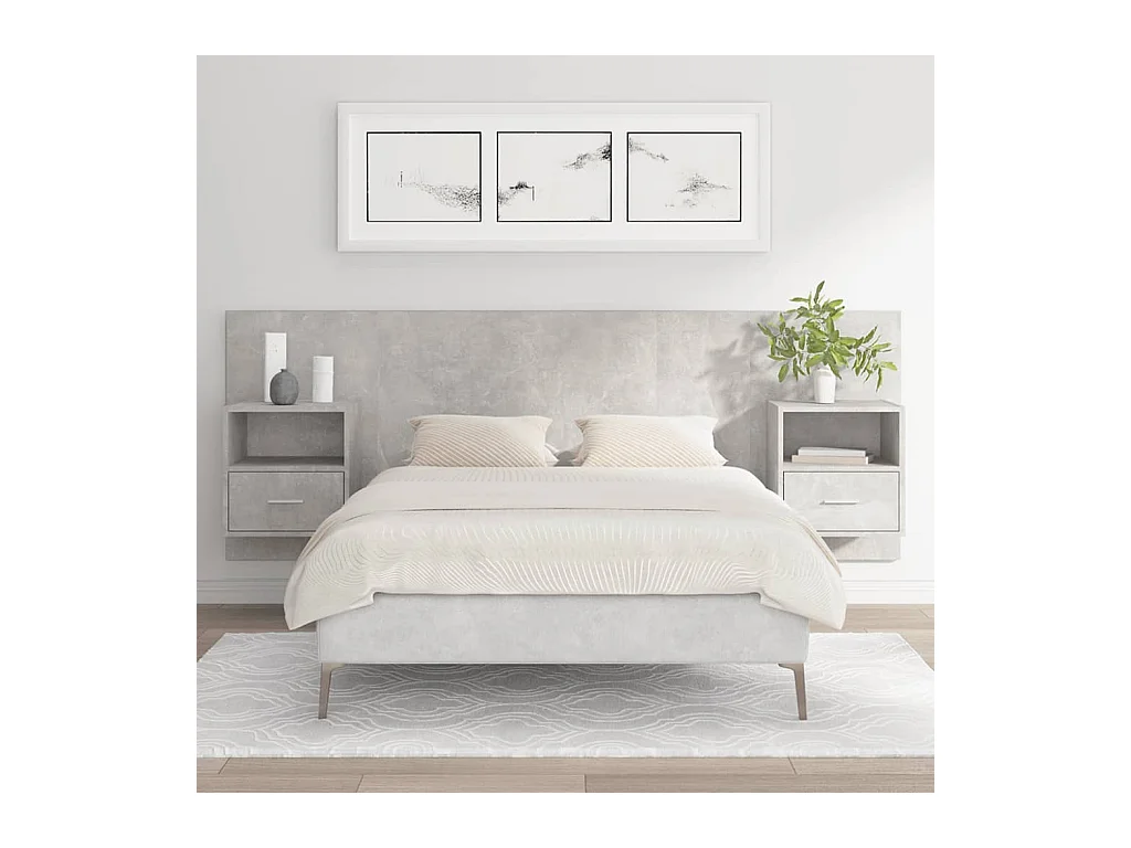 Cabecero de Cama | Cabezal de cama | Mueble de cabecero con mesitas madera contrachapada gris hormigón