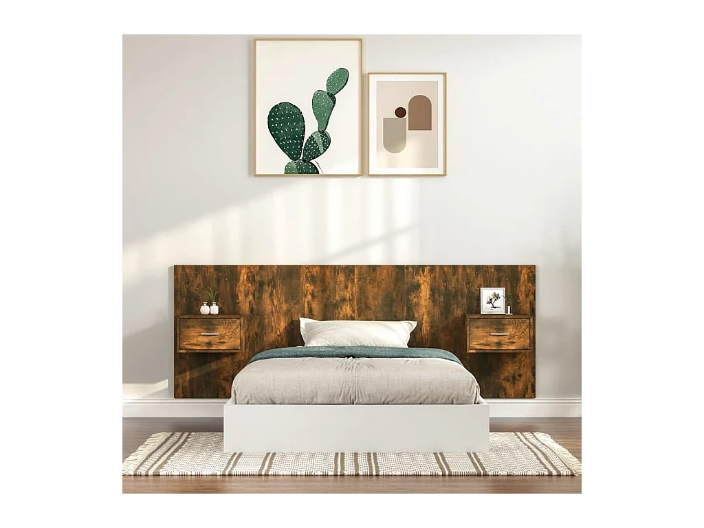 Cabecero de Cama | Cabezal de cama | Mueble de cabecero con mesitas madera contrachapada roble ahumado