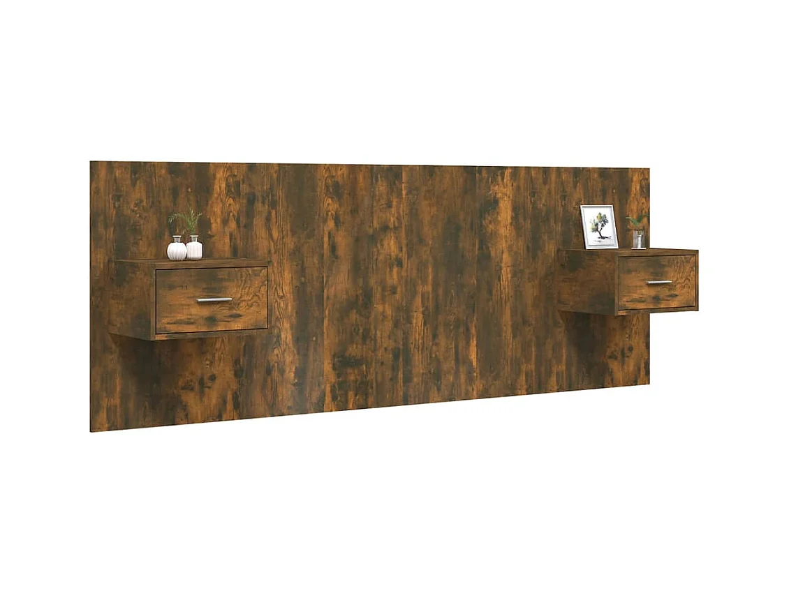 Cabecero de Cama | Cabezal de cama | Mueble de cabecero con mesitas madera contrachapada roble ahumado