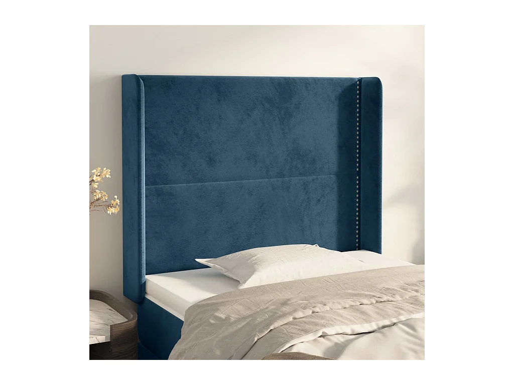 Cabecero | Cabezal de Cama | Mueble cabecero con orejas de terciopelo azul oscuro 83x16x118/128 cm