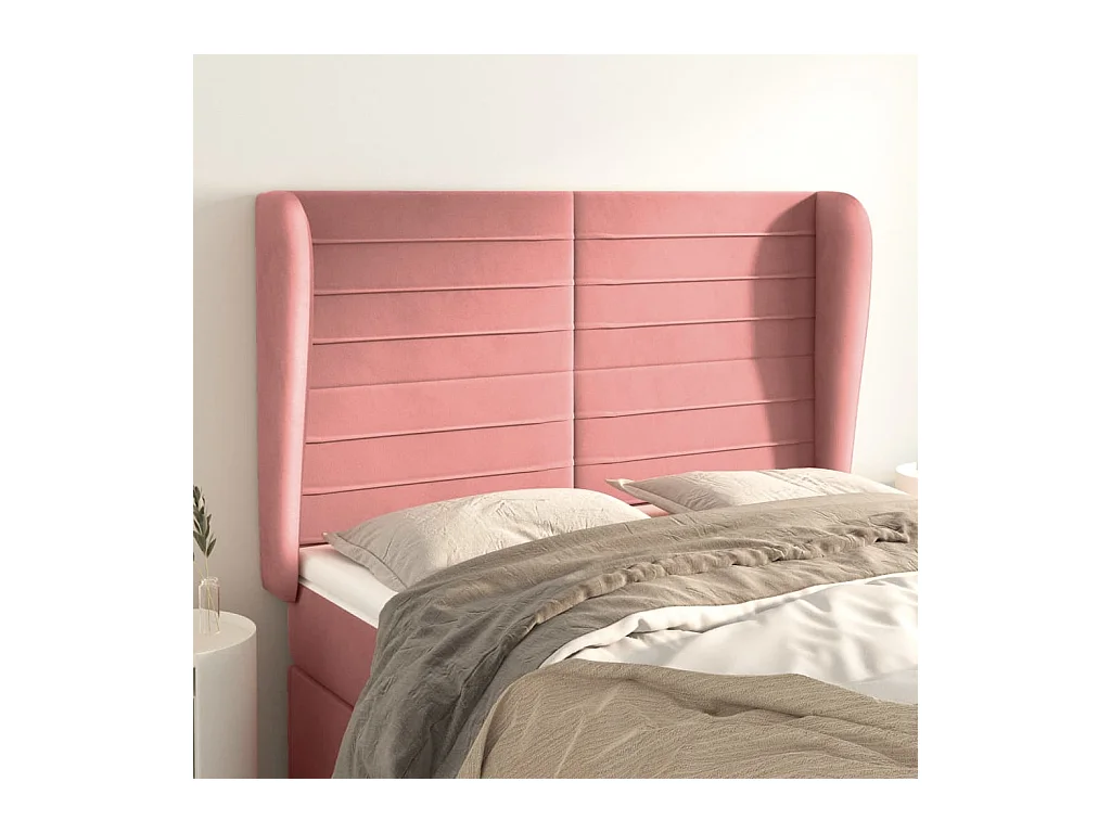 Cabecero | Cabezal de Cama | Mueble cabecero con orejas de terciopelo rosa 147x23x118/128 cm