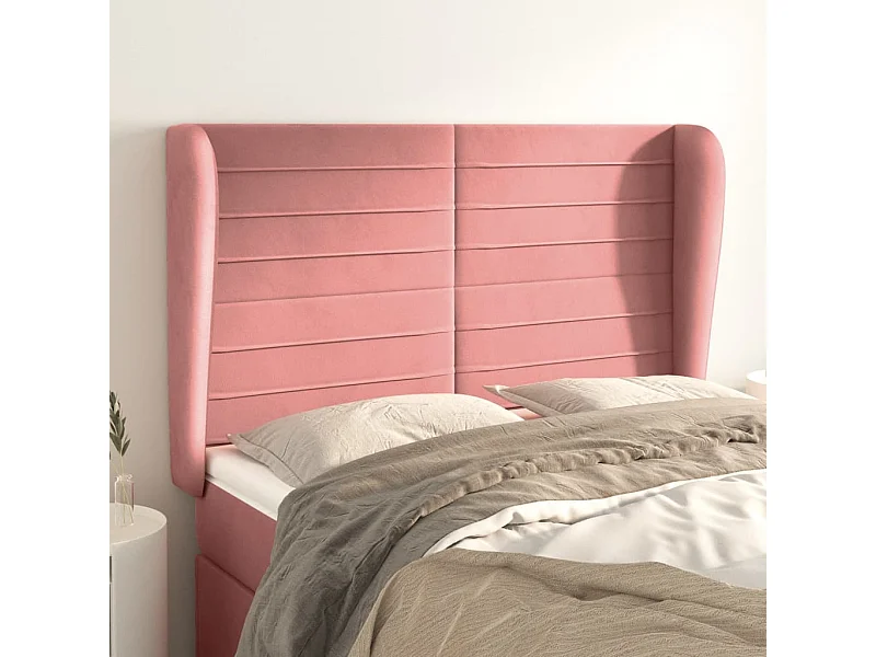 Cabecero | Cabezal de Cama | Mueble cabecero con orejas de terciopelo rosa 147x23x118/128 cm