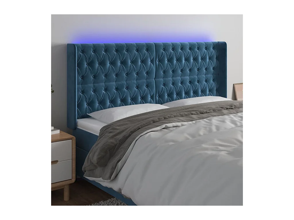 Cabecero | Cabezal de Cama | Mueble cabecero con LED de terciopelo azul oscuro 203x16x118/128 cm