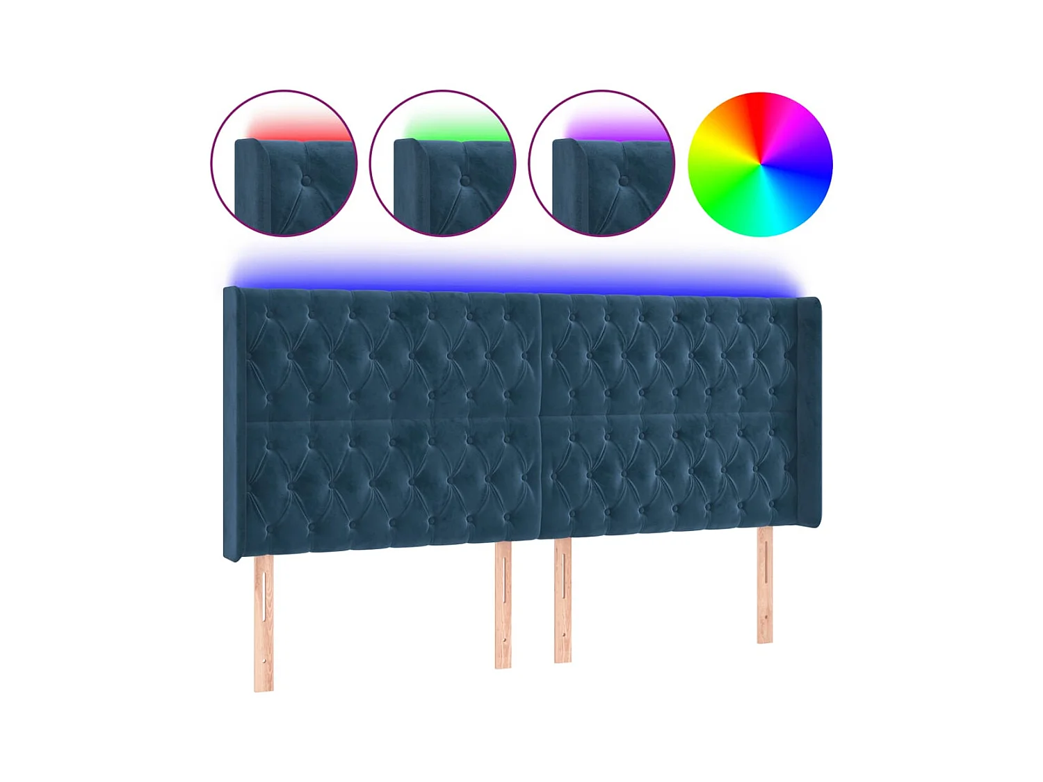 Cabecero | Cabezal de Cama | Mueble cabecero con LED de terciopelo azul oscuro 203x16x118/128 cm