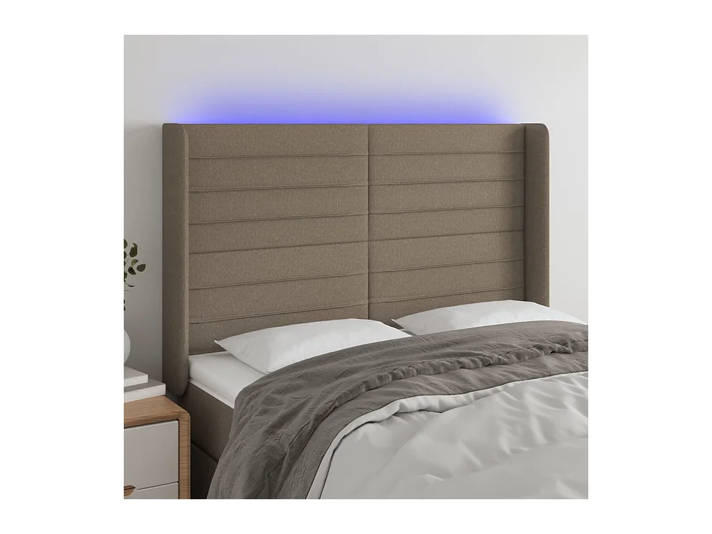 Mueble cabecero | Cabezal de cama | Cabecero con LED de tela gris taupe 147x16x118/128 cm
