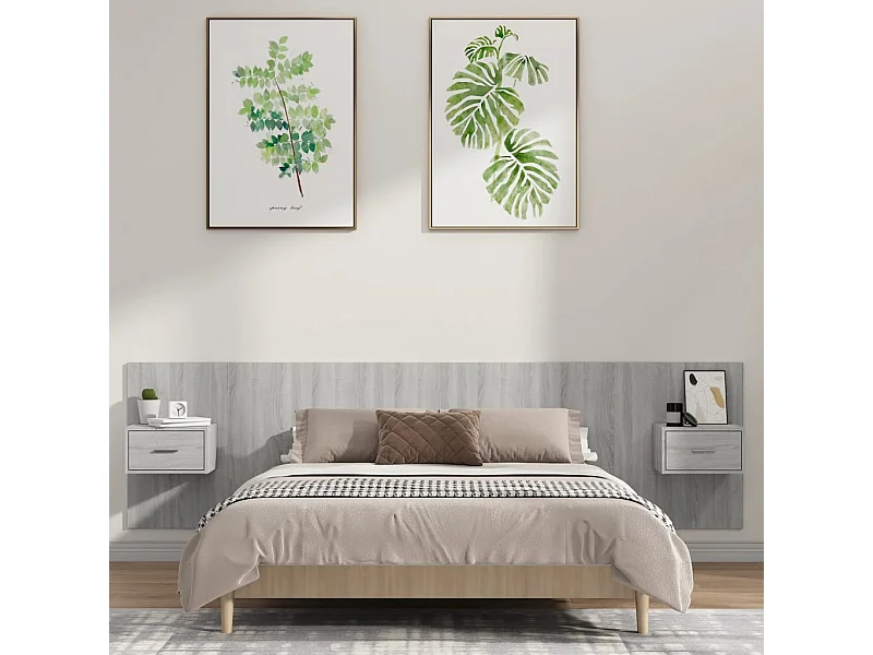 Mueble cabecero | Cabezal de cama | Cabecero de cama y mesitas madera contrachapada gris Sonoma