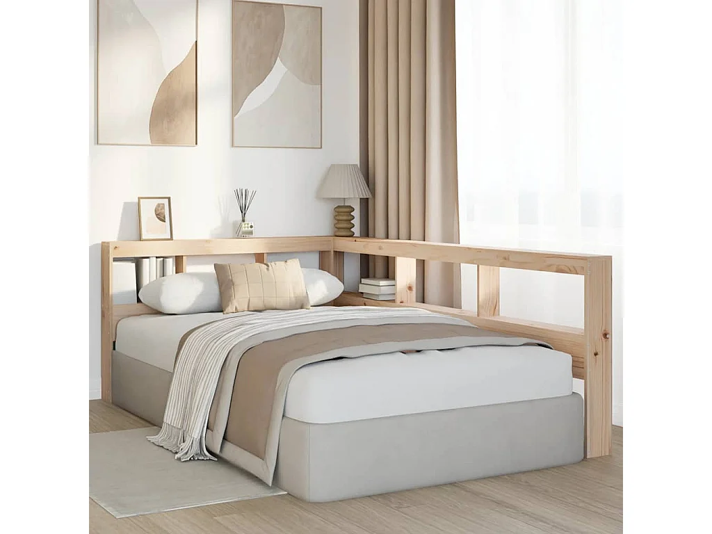 Mueble cabecero | Cabecero | Cabezal de cama librería en forma de L madera maciza de pino 120 cm