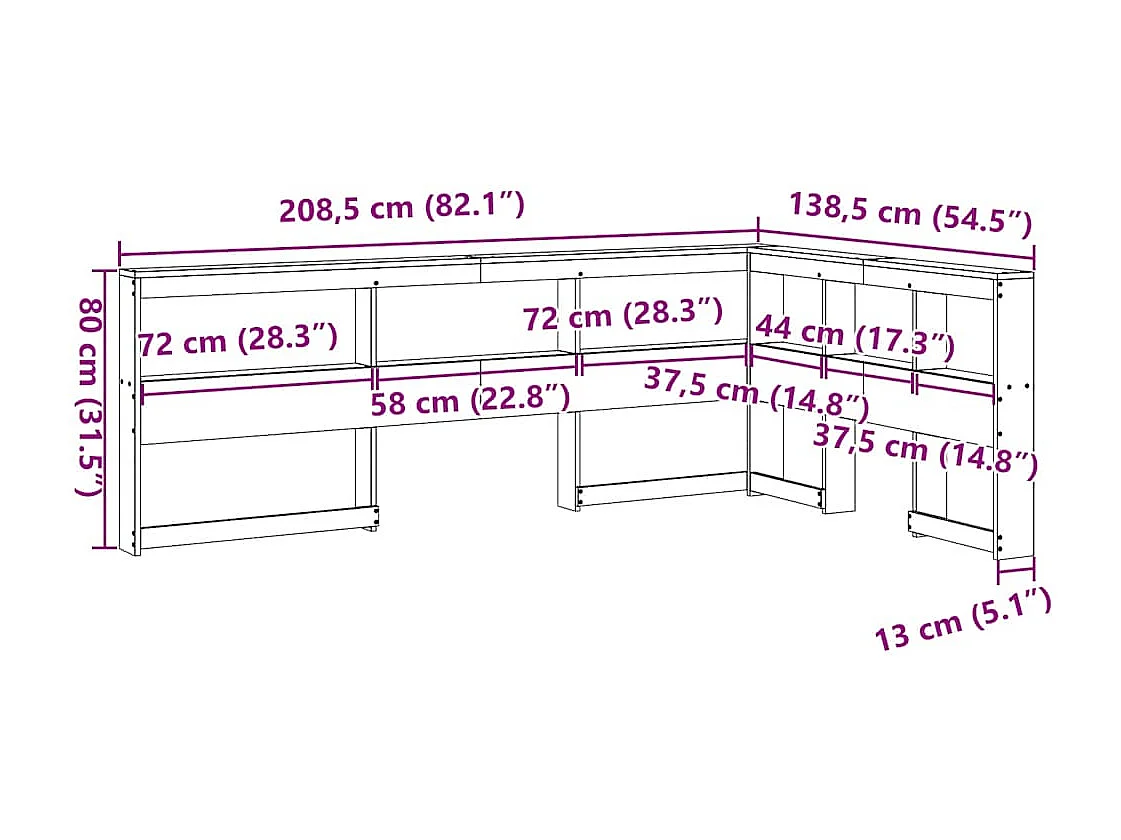 Mueble cabecero | Cabecero | Cabezal de cama librería en forma de L madera maciza de pino 120 cm