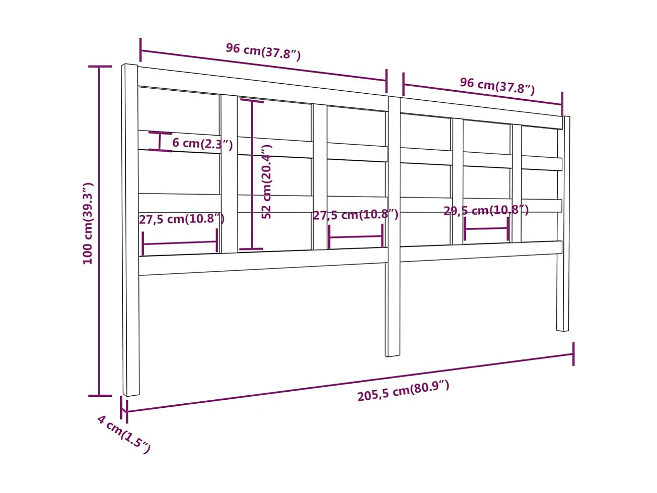 Cabecero de Cama | Cabezal de cama | Mueble de cabecero madera maciza de pino 205,5x4x100 cm