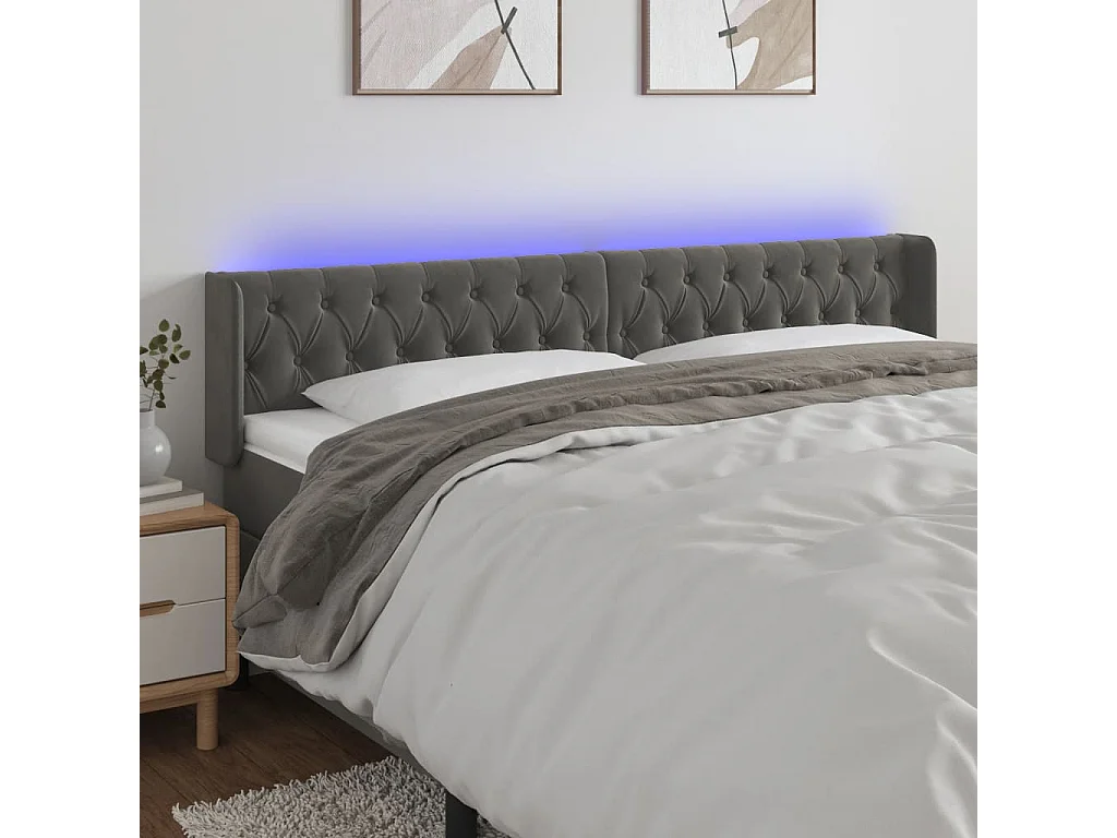 Tête de Lit | Panneau de tête pour lit Moderne à LED Gris foncé 183x16x78/88 cm Velours