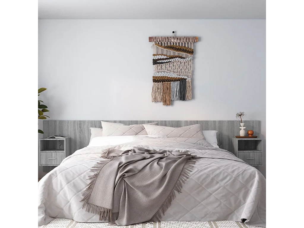 Mueble cabecero | Cabezal de cama | Cabecero de cama y mesitas madera contrachapada gris Sonoma