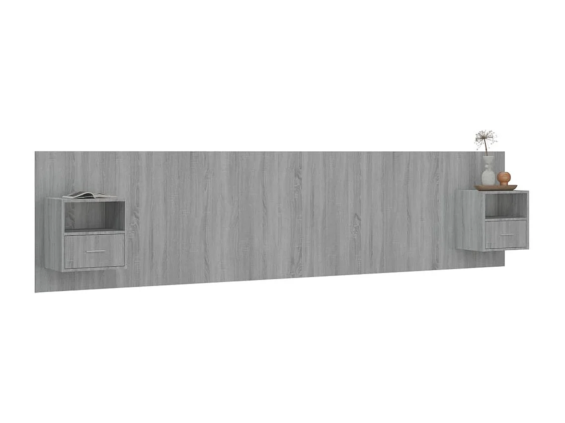 Mueble cabecero | Cabezal de cama | Cabecero de cama y mesitas madera contrachapada gris Sonoma