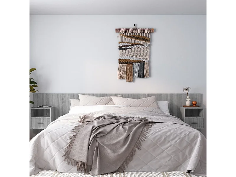 Mueble cabecero | Cabezal de cama | Cabecero de cama y mesitas madera contrachapada gris Sonoma