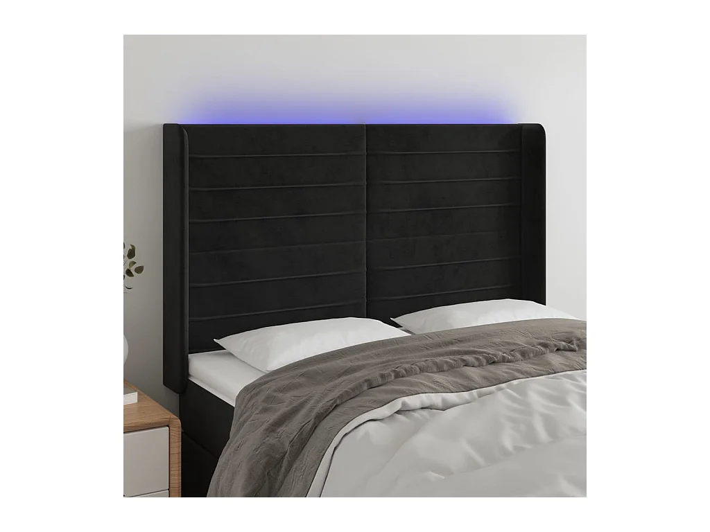 Cabecero | Cabezal de Cama | Mueble cabecero con LED de terciopelo negro 147x16x118/128 cm