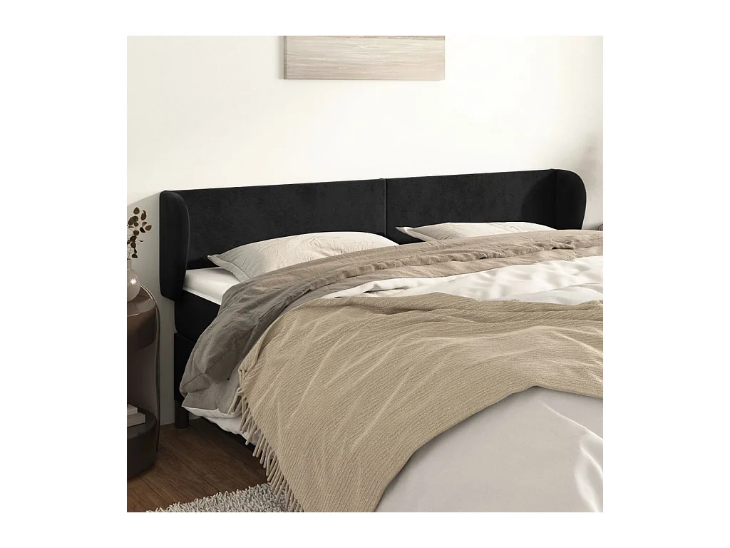 Tête de Lit | Panneau de tête pour lit Moderne avec oreilles Noir 183x23x78/88 cm Velours
