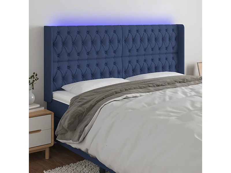 Mueble cabecero | Cabezal de cama | Cabecero con LED de tela azul 203x16x118/128 cm