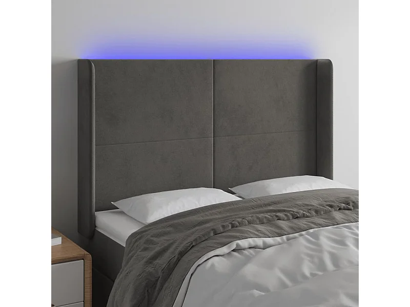 Cabecero | Cabezal de Cama | Mueble cabecero con LED de terciopelo gris oscuro 147x16x118/128 cm
