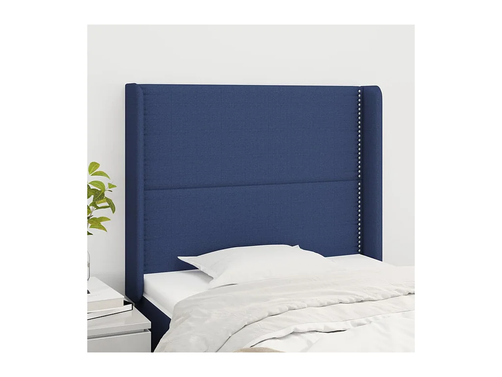 Cabecero | Cabezal de Cama | Mueble cabecero con orejas de tela azul 93x16x118/128 cm