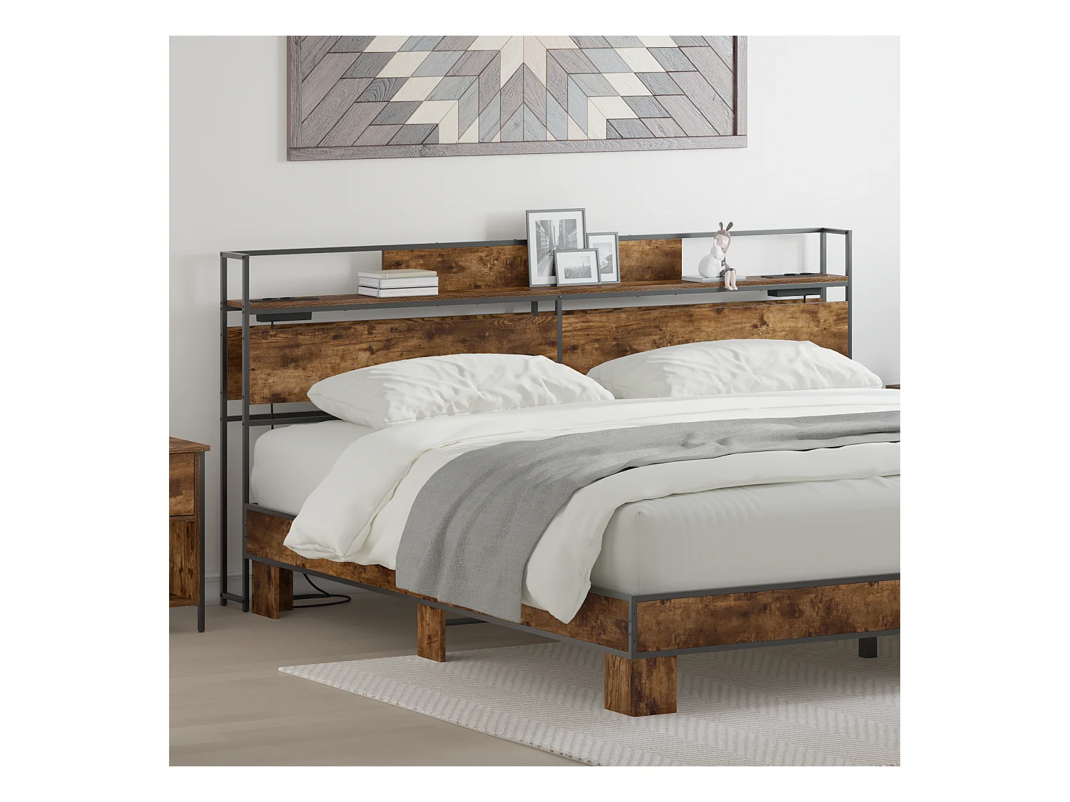 Mueble cabecero con almacenamiento | Cabecera de almacenamiento con estante Roble ahumado 200 cm