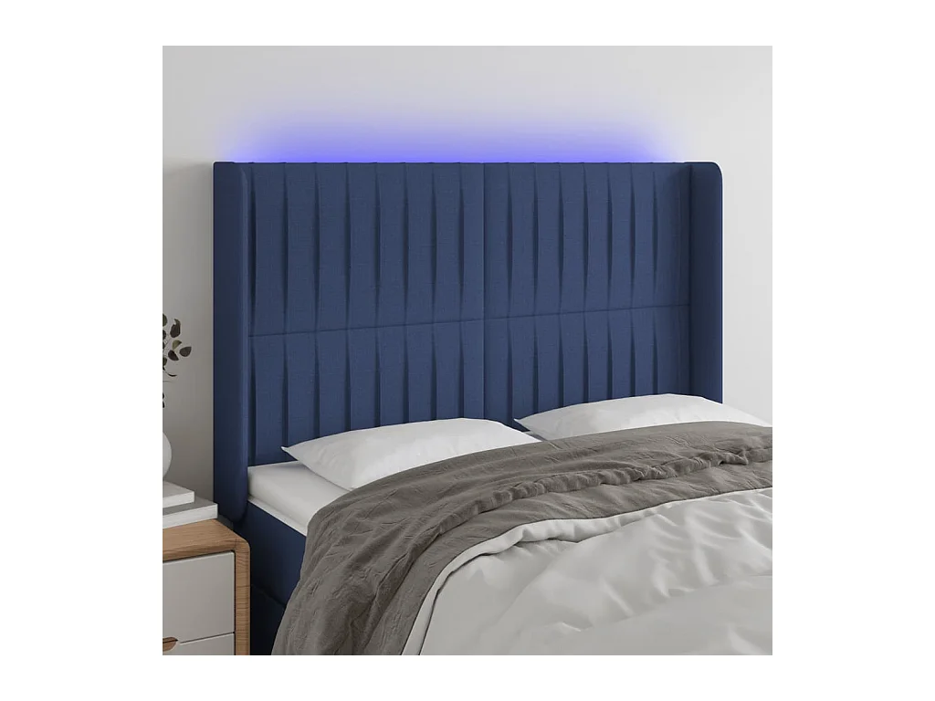 Mueble cabecero | Cabezal de cama | Cabecero con LED de tela azul 147x16x118/128 cm