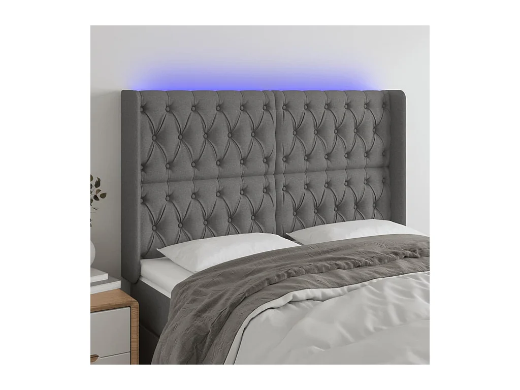 Mueble cabecero | Cabezal de cama | Cabecero con LED de tela gris oscuro 163x16x118/128 cm