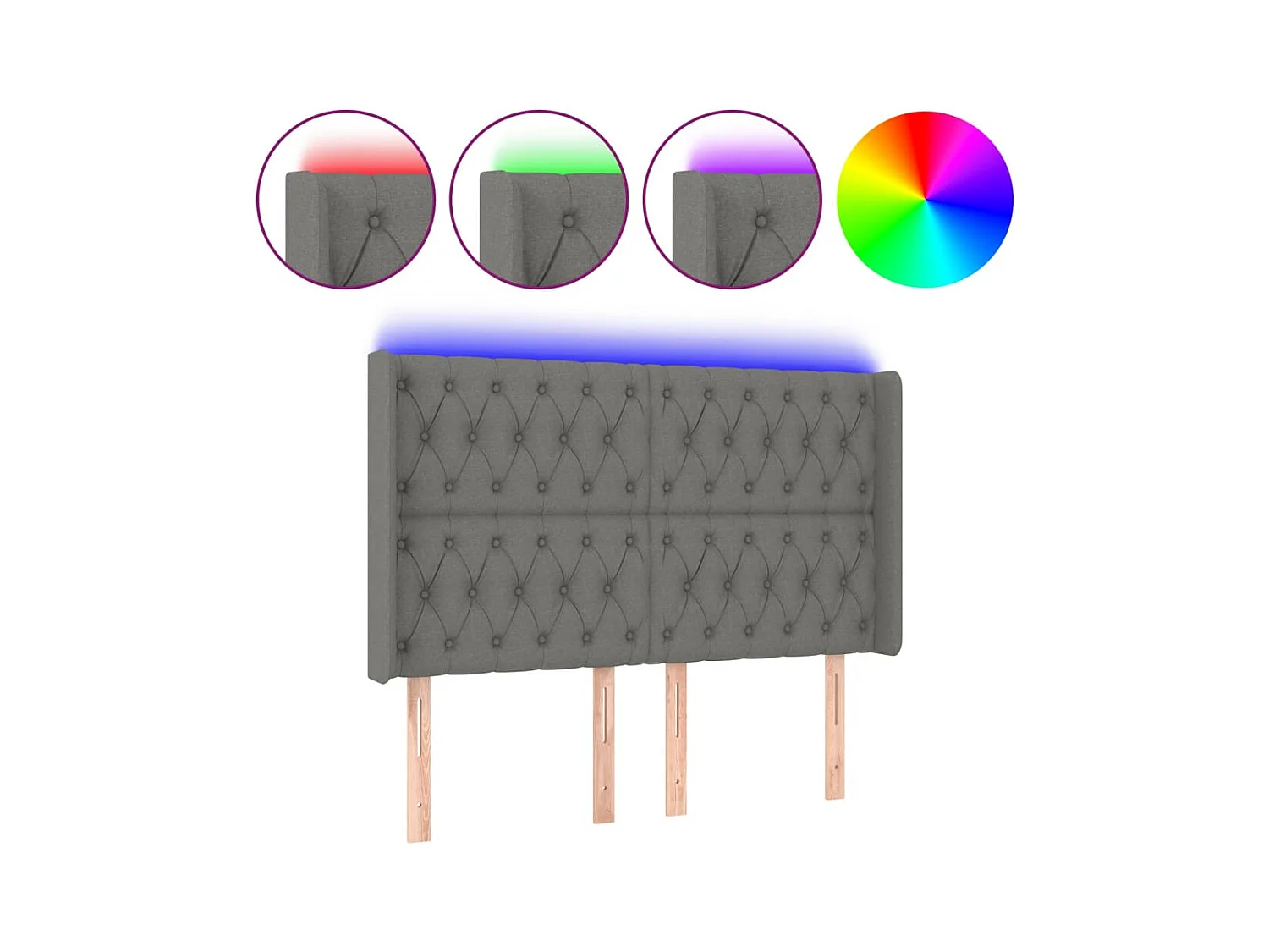 Mueble cabecero | Cabezal de cama | Cabecero con LED de tela gris oscuro 163x16x118/128 cm