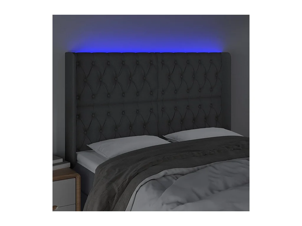 Mueble cabecero | Cabezal de cama | Cabecero con LED de tela gris oscuro 163x16x118/128 cm